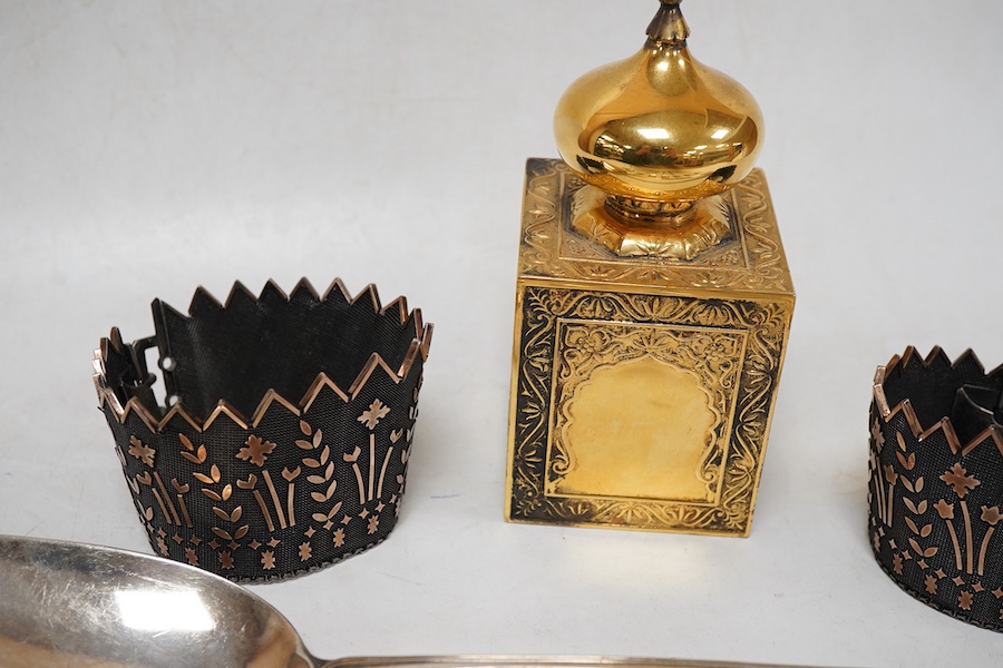 A modern silver gilt Amouage perfume bottle in the form of Oman Palace Ruwi mosque, maker possibly Asprey & Co, London, 1995, height 12.3cm, together with a George III silver Old English thread pattern basting spoon, by